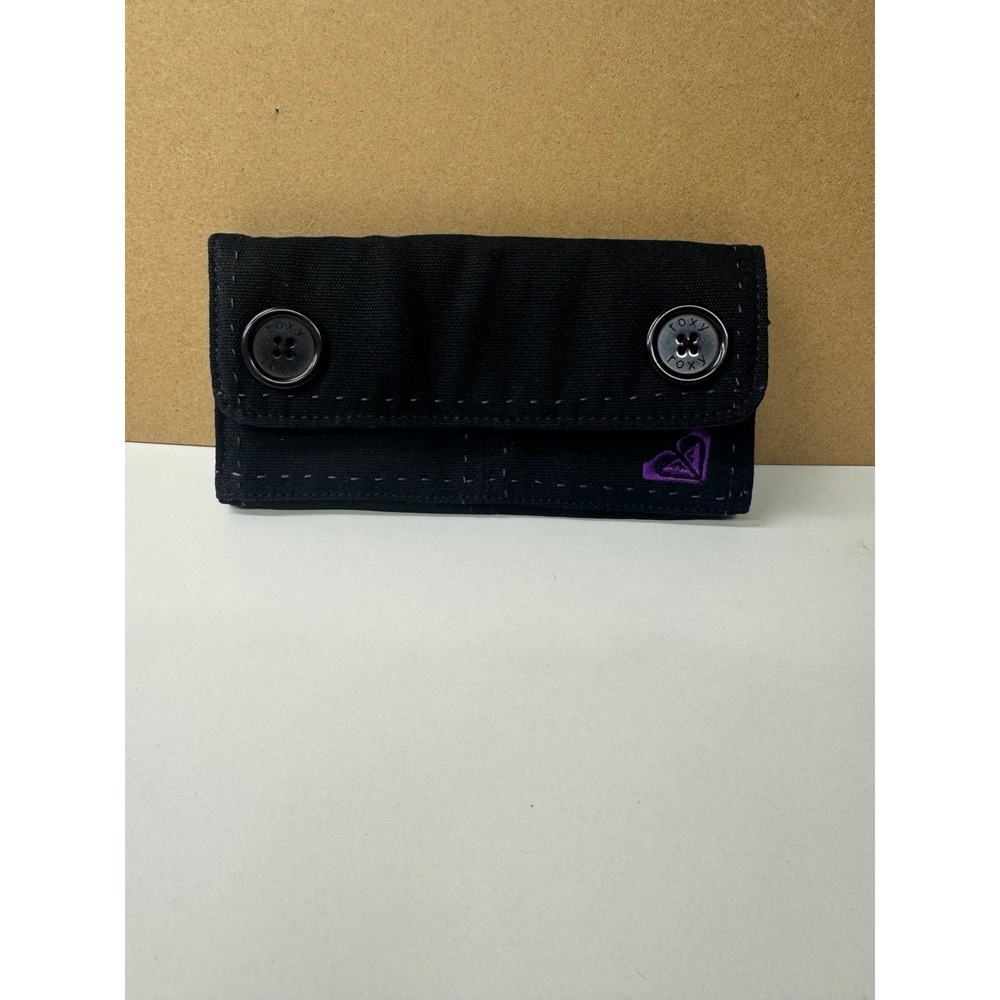 Vintage Roxy black canvas wallet with purple logo and button closure